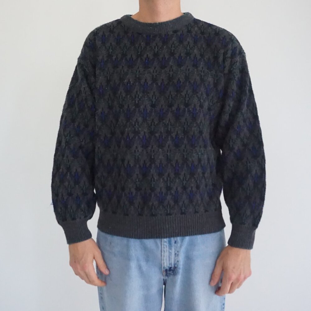 Vintage Pierre Cardin Gray Blue Textured Knit Eclectic Grandpa Retro 90s Sweater